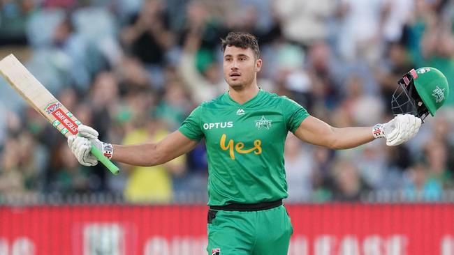 Stars batsman Marcus Stoinis celebrates a century on the way to a record Big Bash score on Sunday at the MCG. Picture: AAP