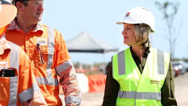 Queensland Premier Steven Miles pictured visiting a construction site in Bundaberg at the start of Week two of the Queensland State Election, also pictured is Tom Smith the Local member for Bundaberg and Health Minister Shannon Fentiman  Picture Adam Head