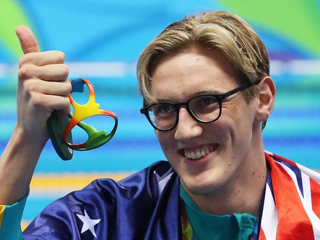Australia's Mack Horton with his Gold medal after winning the the Mens 400m Final on DAY 1 of the swimming at the Rio 2016 Olympic Games. Picture. Phil Hillyard