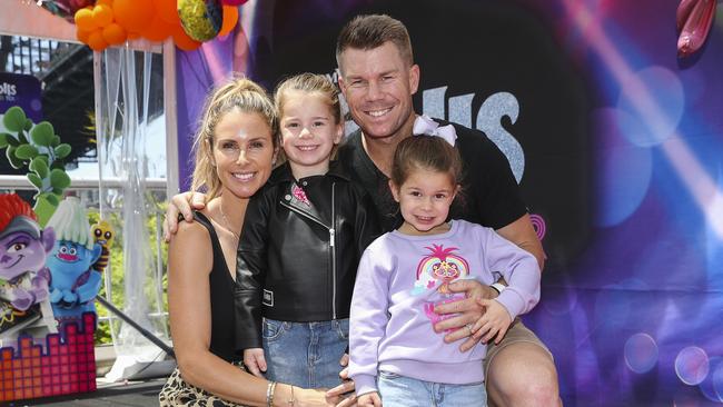 Candice Warner, David Warner with their daughters Ivy Mae Warner and Indi Rae Warner at Trolls event. Picture: Dylan Robinson