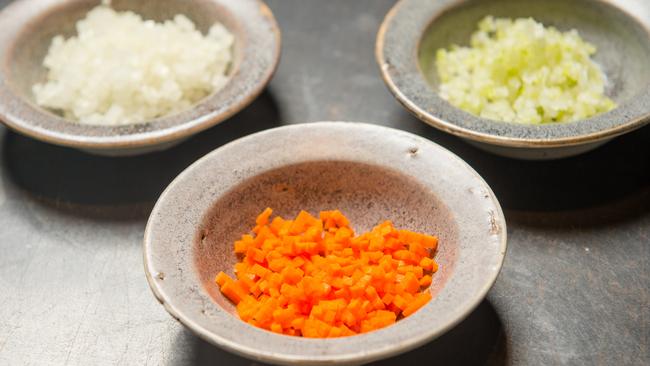 Brunoise is a French method of finely dicing vegetables, usually onion, carrot and celery.