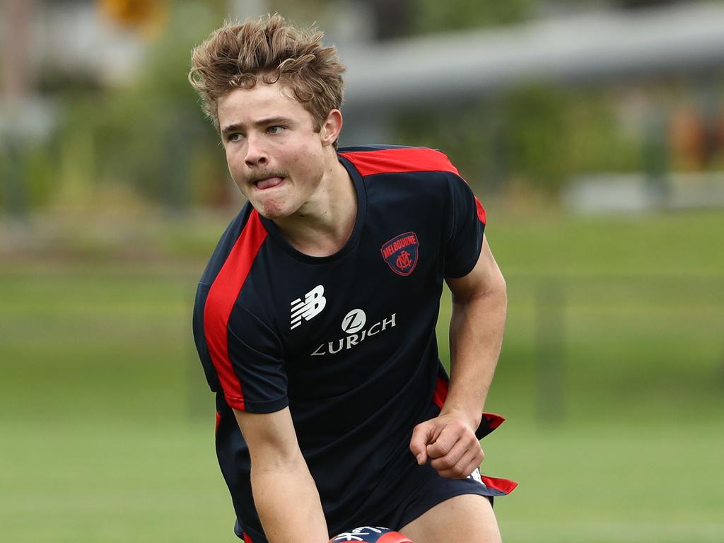 MELBOURNE, AUSTRALIA - NOVEMBER 28: Kade Chandler of the Demons handballs during a Melbourne Demons AFL training session at Gosch's Paddock on November 28, 2018 in Melbourne, Australia. (Photo by Robert Cianflone/Getty Images)