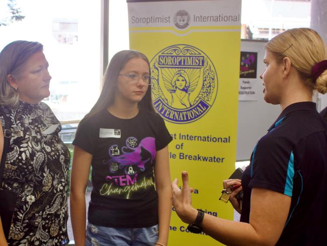 Sophie a STEM Changemaker participant, and her mother networking with STEM Experts