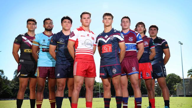 Captains Javon Andrews Marsden SHS, Anton Whaiapu Keebra Park SHS, Duquan Talaepa Mabel Park SHS, Zane Harrison Palm Beach Currumbin SHS, Sam Martin Ipswich SHS, Maddox Goodwin Wavell SHS, Dustin Appo Redcliffe SHS, Zac Garton Caloundra SHS, Langer Trophy rugby league launch, Red Hill. Picture: Liam Kidston