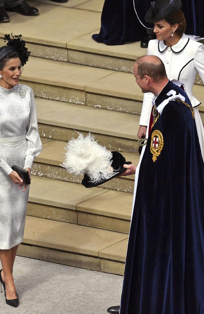 Kate and William, pictured at St George's Chapel with Spain’s Queen Letizia, plan to visit Mrs Mayor in hospital. Picture: Ben Stansall/Pool Photo via AP