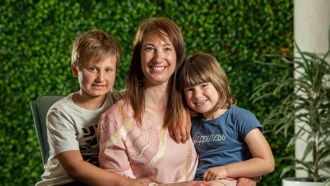 Dinah Thomasset – founder of Villagehood Australia – with her son Noah and daughter Maeva. Picture: Naomi Jellicoe