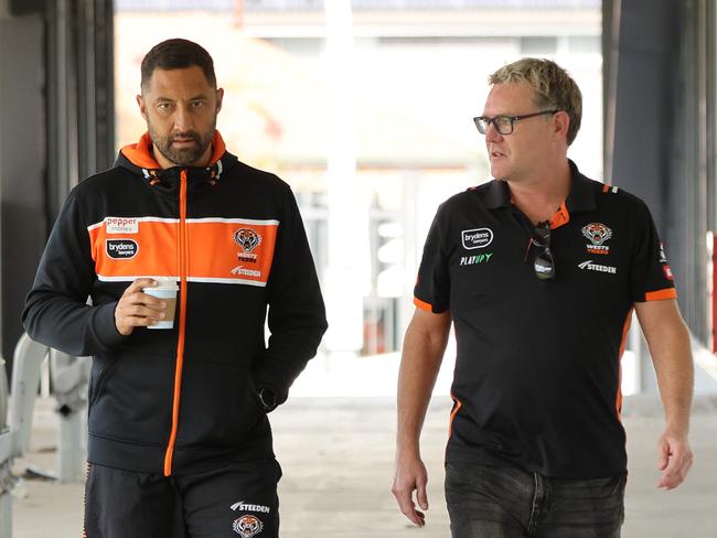 WEEKEND TELEGRAPHS. Check with picture editors before use. Benji Marshall fronts the media at Tigers HQ in Concord after it was announced he would take the head coaching reigns from Tim Sheens earlier than expected. 18/08/2023. Pic by Max Mason-Hubers