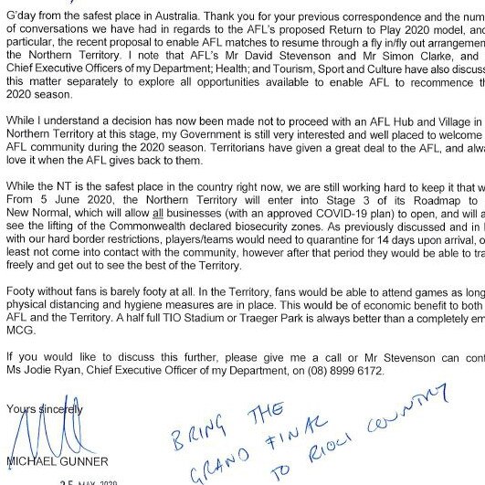 A letter to the AFL from NT chief minister Michael Gunner.