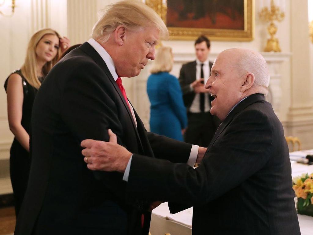 Norman says his inspirations in the business world come from Jack Welch as opposed to his old friend Donald Trump. Photograph of Mr Trump and Mr Welch at the White House in 2017. Picture: Chip Somodevilla