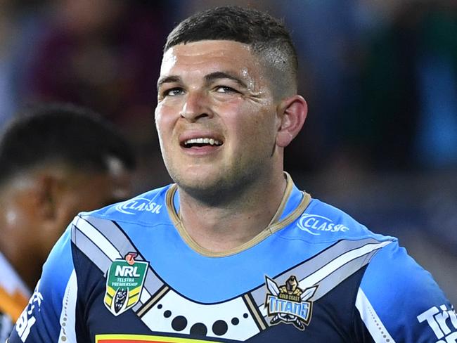 Ashley Taylor of the Titans looks on folowing the Round 17 NRL match between the Gold Coast Titans and the Brisbane Broncos at Cbus Super Stadium in Robina on the Gold Coast. Sunday, July 8, 2018. (AAP Image/Dave Hunt) NO ARCHIVING, EDITORIAL USE ONLY