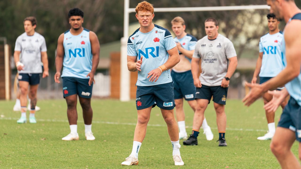 Waratahs playmaker Tane Edmed with new teammate Joseph-Aukuso Suaalii (background) during Wallabies training camp in Canberra. Picture: Rugby Australia