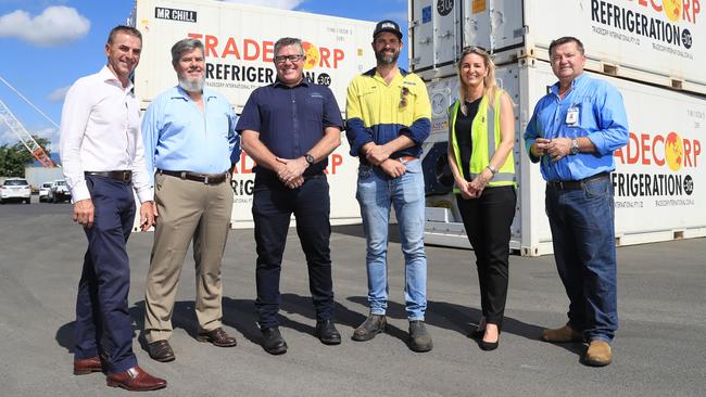 Advance Cairns CEO Nick Trompf, Ports North Chairman Russell Beer, General Manager of Austal Phil Growden, owner of SMC Marine Peter Philipp, Adrianne Gard of Tropical Reef Shipyard and Ben Renwick of Norship at the Cairns Port. Picture: Brendan Radke