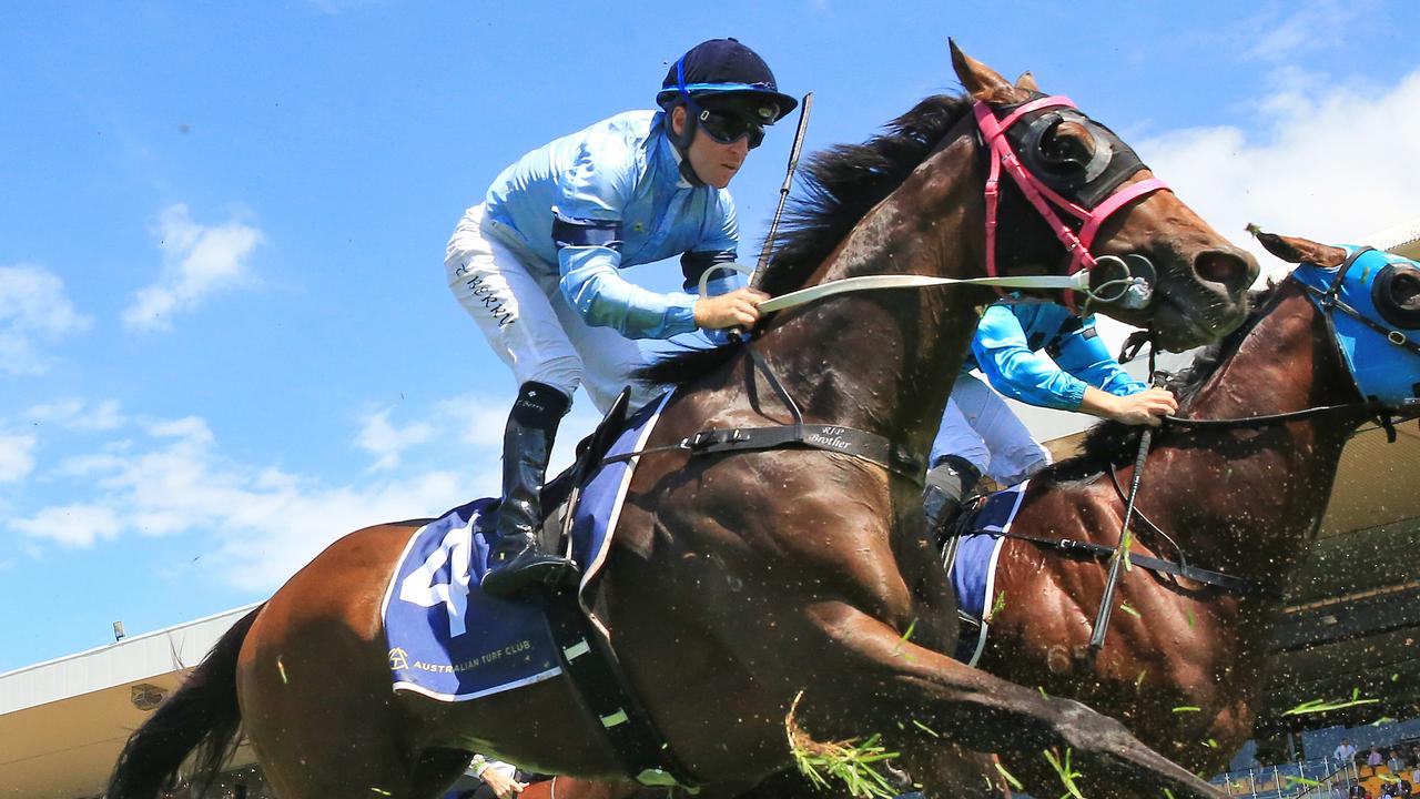 SYDNEY, AUSTRALIA - MARCH 13: Tommy Berry on Great House in race 1 wearing a pink bridle as part of  Ladies Day during Sydney Racing at Rosehill Gardens on March 13, 2021 in Sydney, Australia. (Photo by Mark Evans/Getty Images)