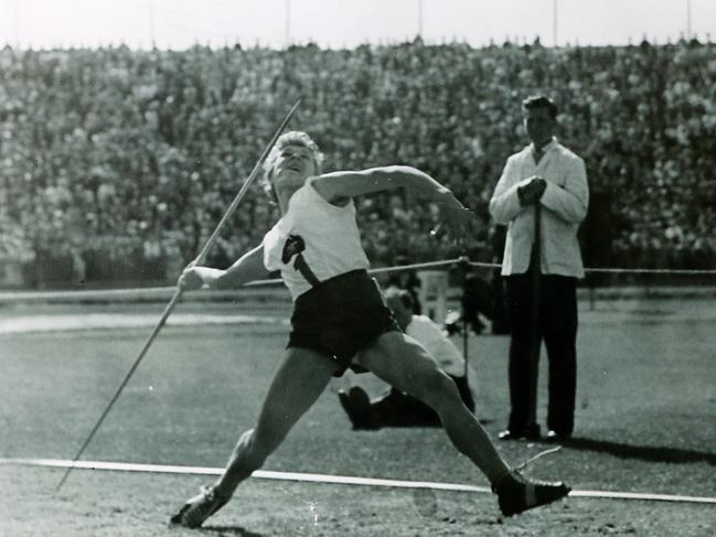 Javelin Thrower Anna Bocson, 82, in action during her world record throw in the 1958 Commonwealth Games in Cardiff. Picture: SARAH REED