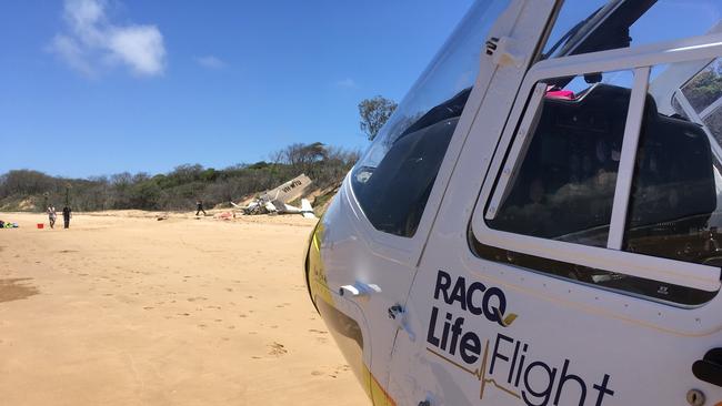 WRECKAGE: One person has died and three hospitalised after a light plane crashed at Bustard Head, north of Middle Island.Photo Courtesy RACQ LifeFlight Rescue