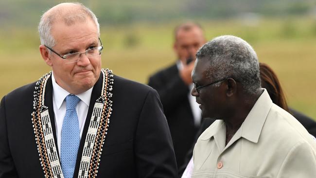 Australian Prime Minister Scott Morrison (left) is with Solomon Islands Prime Minister Manasseh Sogavare (right) in 2019. Picture: AAP