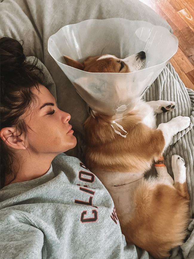 Morgan Harris with her dog Hank who was attacked at a puppy school.