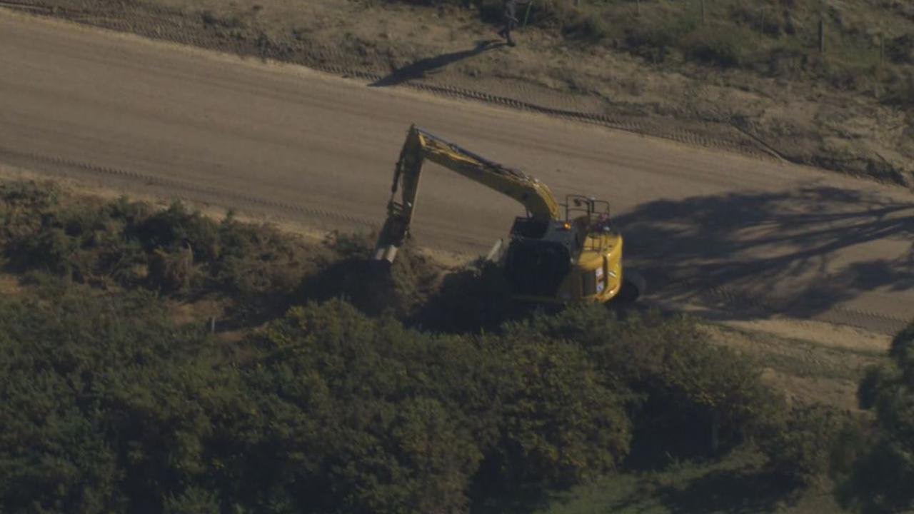 Aerial photos captured by 9 News show the excavator at work in the Ballarat area. Picture: Channel 9