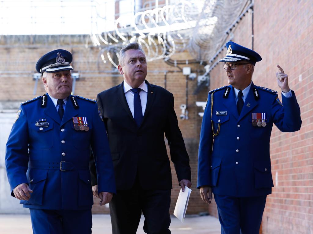 The newly refurbished High Risk Management Correctional Centre Area 2 is opened at Goulburn Jail, Goulburn, NSW. Larry Bolger, Governor, Goulburn Jail, Anthony Roberts, NSW Minister for Counter Terrorism and Corrections and Commissioner for Corrections Peter Severin. Picture: Sean Davey