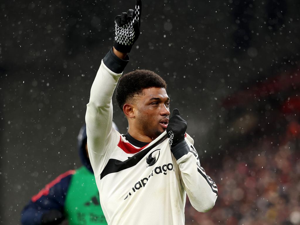 Amad Diallo celebrates the equaliser for Manchester United against Liverpool. Picture: Carl Recine/Getty Images