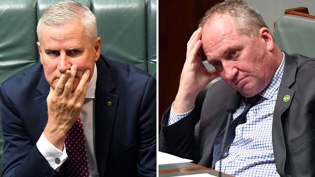 Deputy PM and Nationals leader Michael McCormack and former leader Barnaby Joyce. Picture: AAP