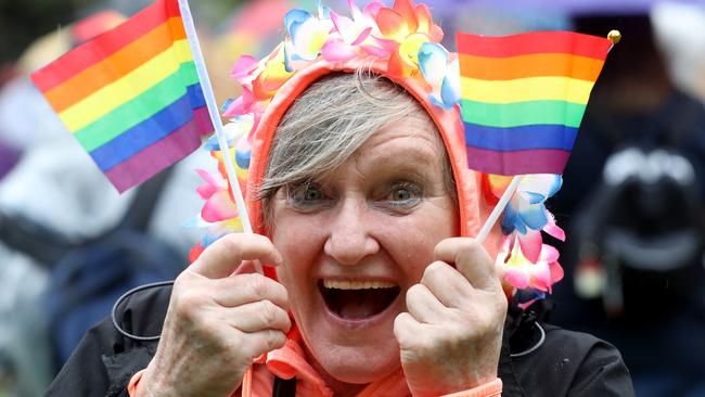 1511/17 SSM Adelaide. Delwyn Cox celebrates the yes vote at the Same Sex Marriage vote results announcement in Hindmarsh Square in the city. photo Calum Robertson