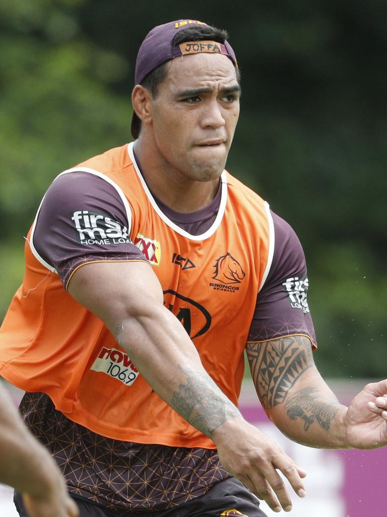 Joe Ofahengaue during Brisbane Broncos training at Red Hill. Picture: Peter Wallis