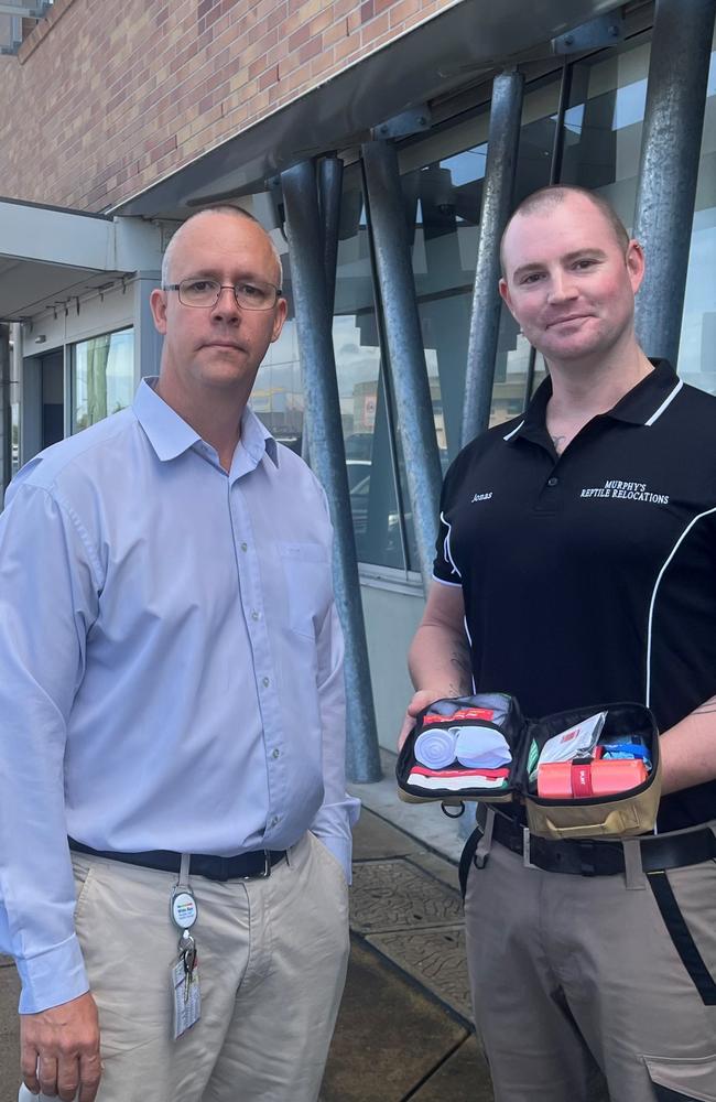 Dr David Micheal (left) and Jonas Murphy are encouraging people to include a snake bite kit in their first aid kits. Image credit: WBHHS.