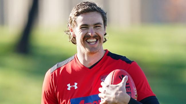 Joe Daniher of the Bombers reacts during an AFL Bombers training session at The Hangar in Melbourne, Tuesday, May 26, 2020. (AAP Image/Natasha Morello) NO ARCHIVING