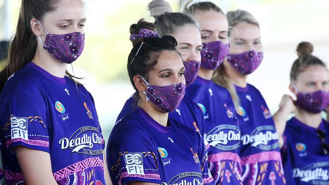 The Queensland Firebirds have held a player clinic for junior netballers at Cairns Netball following their victory over the Melbourne Vixens in Cairns on Sunday. Queensland Firebird player Jemma Mi Mi (centre). PICTURE: BRENDAN RADKE