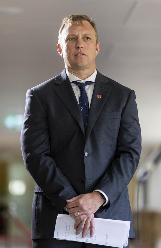 Acting Premier Steven Miles addresses the media at a press conference at Queensland’s Parliament House. Picture: NewsWire / Sarah Marshall