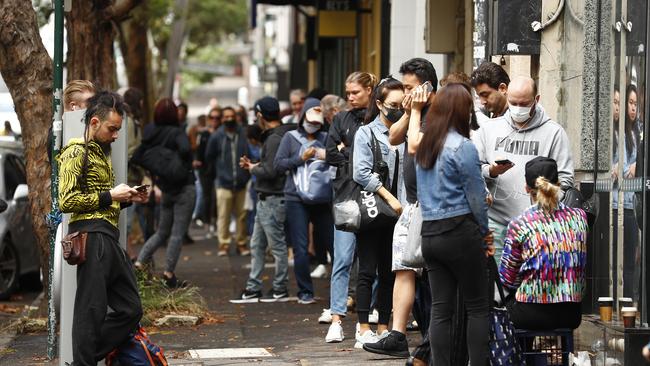 Hundreds of jobless Aussies lined up outside Centrelink when the pandemic first hit in March Picture: Sam Ruttyn