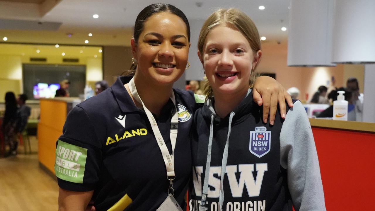 Kennedy Cherrington meets a young fan, Ruby, with a congenital heart condition just like her, during a recent visit to Ronald McDonald House at Westmead. Picture: Parramatta Eels