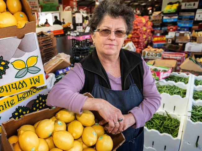 Rosa Ansaldo who runs Rospaul Fresh Fruit at Queen Victoria Market is furious about the council's plan to introduce paid Sunday parking. Picture: Tony Gough