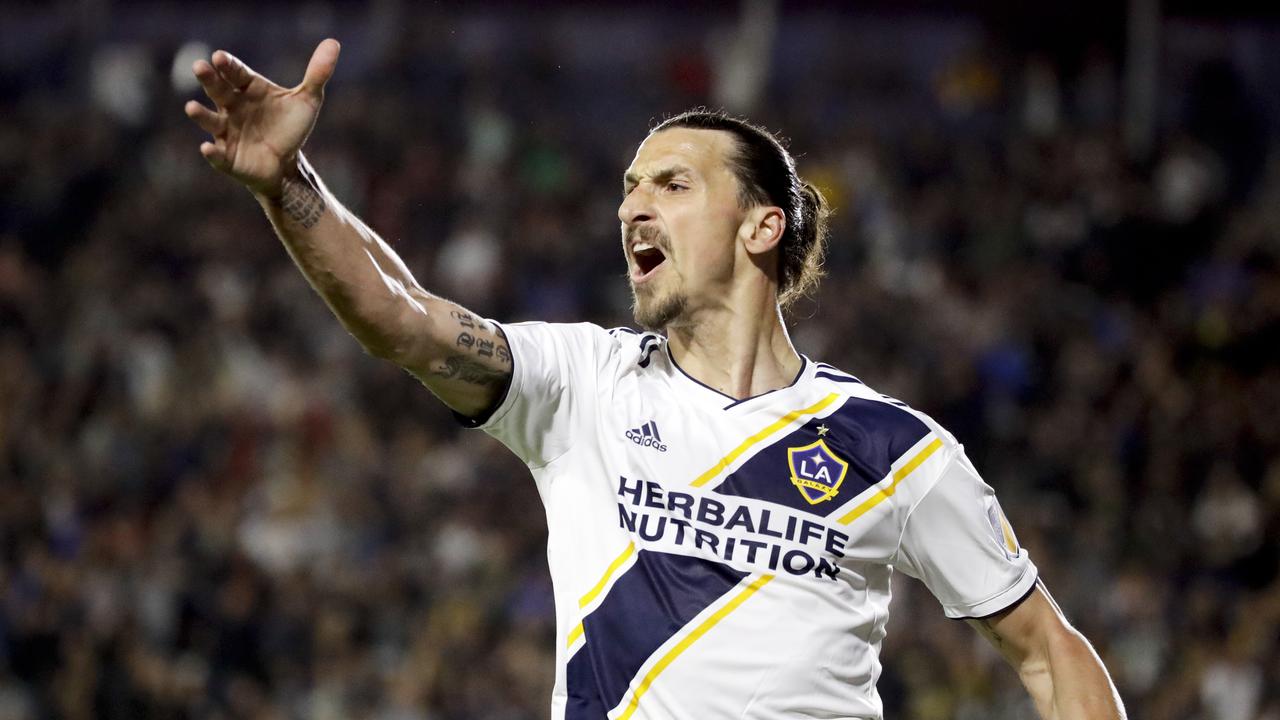 LA Galaxy forward Zlatan Ibrahimovic reacts after his goal was disallowed