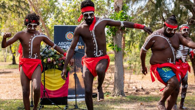 Ceremonial dancing as Aboriginal Investment NT launches a five year plan to invest $655m in driving Aboriginal-led development across the NT, unlocking capital previously controlled by the federal government. Picture: Pema Tamang Pakhrin