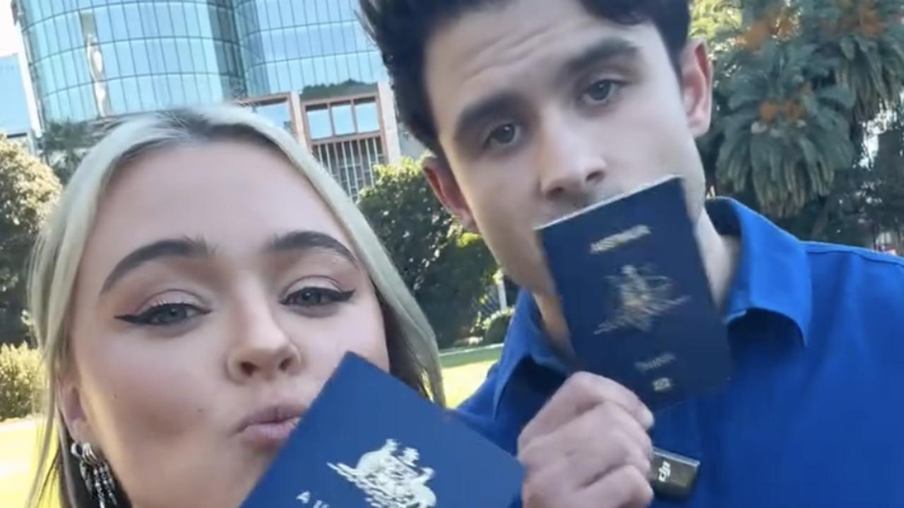 Vegan activist Tash Peterson and boyfriend Jack Higgs on their way to the bankruptcy office to hand in their passports after losing a defamation case. Picture: Instagram.