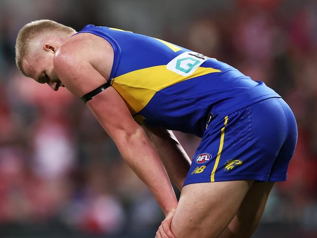 SYDNEY, AUSTRALIA - JUNE 24:  Reuben Ginbey of the Eagles looks dejected after a Swans goal during the round 15 AFL match between Sydney Swans and West Coast Eagles at Sydney Cricket Ground, on June 24, 2023, in Sydney, Australia. (Photo by Matt King/AFL Photos/via Getty Images )