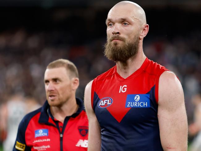 MELBOURNE, AUSTRALIA - SEPTEMBER 15: Max Gawn of the Demons looks dejected after a loss  during the 2023 AFL First Semi Final match between the Melbourne Demons and the Carlton Blues at Melbourne Cricket Ground on September 15, 2023 in Melbourne, Australia. (Photo by Dylan Burns/AFL Photos via Getty Images)