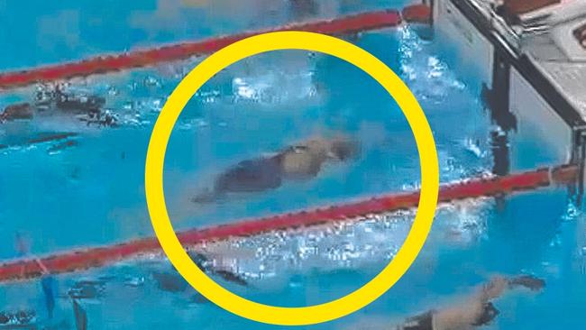 Screen grabs of American swimmer Kate Douglass who seems to be doing an illegal turn in the 200-meter individual medley at the Paris Olympic games.