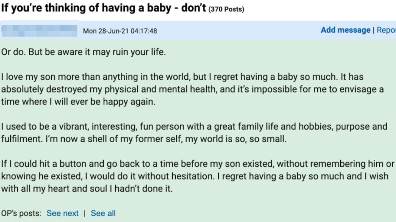 She revealed in a post online that she regrets having a baby. Picture: Mumsnet