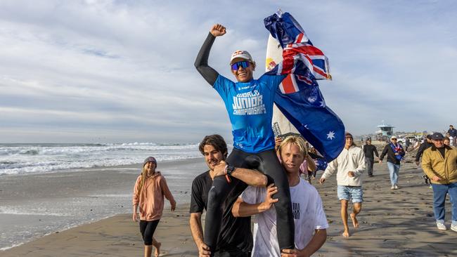 Jarvis Earle being chaired from the beach after winning the Final at the 2022 Sambazon World Junior Championships on January 13, 2023 at San Diego, California. (Photo by Kenny Morris/World Surf League).