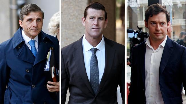Arthur Moses SC, left, Ben Roberts-Smith and Nick McKenzie.