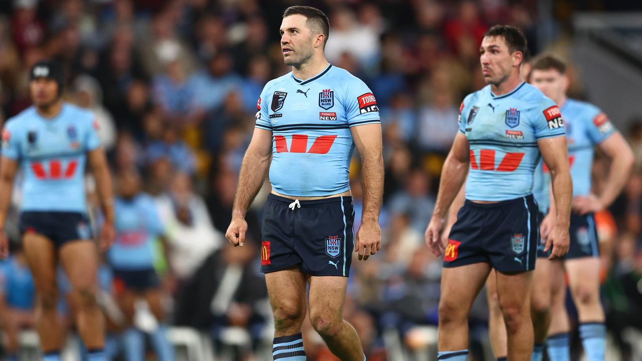 BRISBANE, AUSTRALIA - JUNE 21: James Tedesco of the Blues looks on during game two of the State of Origin series between the Queensland Maroons and the New South Wales Blues at Suncorp Stadium on June 21, 2023 in Brisbane, Australia. (Photo by Chris Hyde/Getty Images)