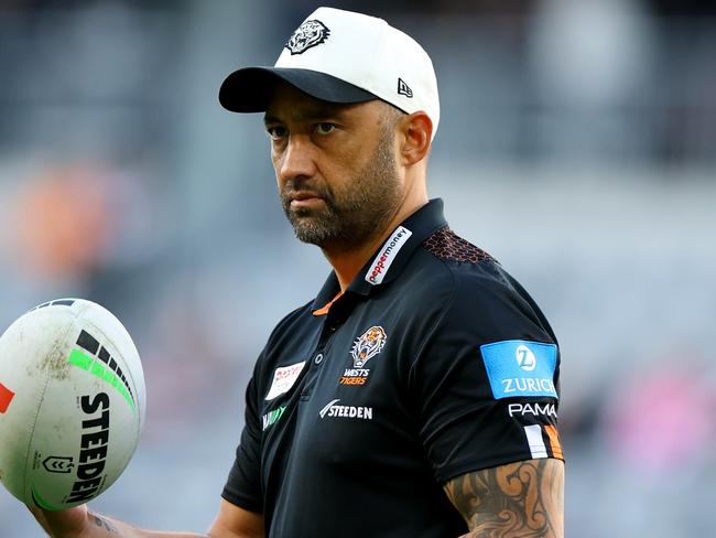 SYDNEY, AUSTRALIA - JUNE 08: Coach of the Tigers Benji Marshall looks on prior to the round 14 NRL match between Wests Tigers and Penrith Panthers at CommBank Stadium, on June 08, 2025, in Sydney, Australia. (Photo by Jeremy Ng/Getty Images)