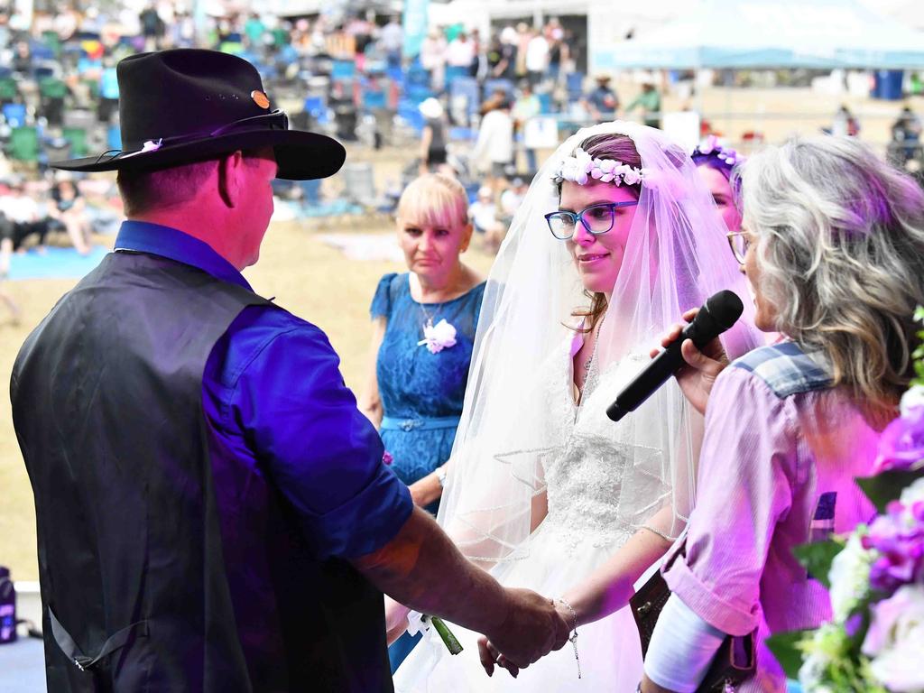 Simone Ward and Geoffrey Borninkhof, were married on The Hill Stage at Gympie Music Muster. Picture: Patrick Woods.