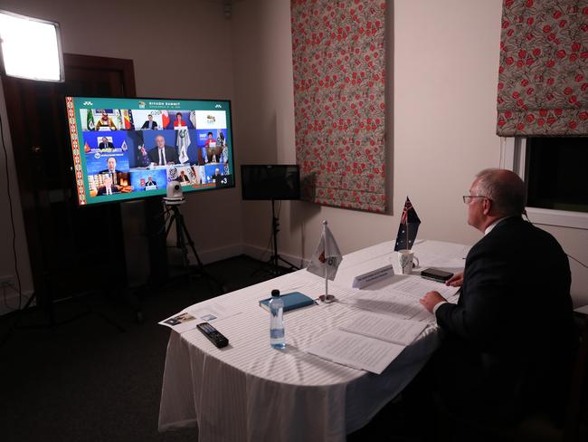 Prime Minister Scott Morrison takes part in the virtual G20 Riyadh Summit. Picture: Adam Taylor