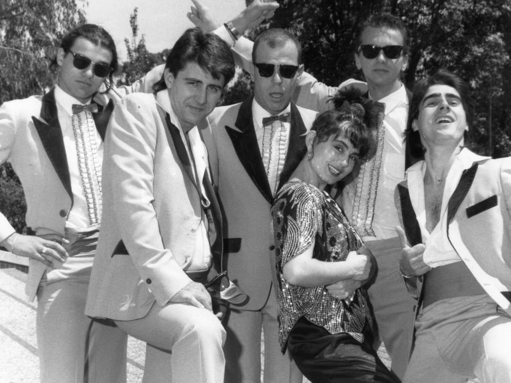 The original cast of Wogs Out Of Work in 1988 (from left) Adam Matijasevic, Simon Palomares, Glenn Osborne, Mary Coustas, Johnny Knezevic and Nick Giannopoulos Picture: Ken Sellick.