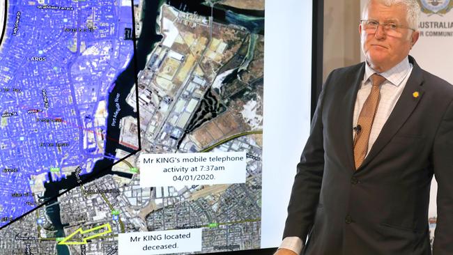 Detective Superintendent Des Bray with a graphic showing where Trevor King’s body was found, and his phone activity. Picture Dean Martin