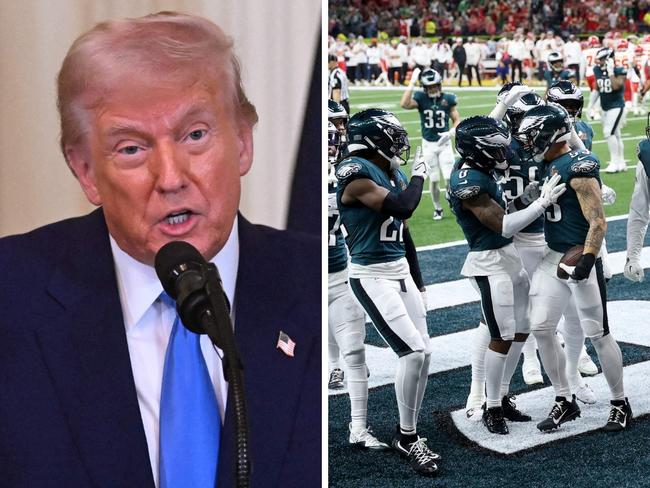 Donald Trump at the lecturn and Eagles players celebrating during Super Bowl LIX. Photo: Roberto Schmidt, AFP and Getty, Emilee Chinn.